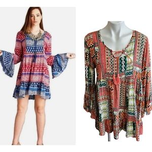 Velzera Tassel Tie Bell Sleeve Mini Boho dress Red Size L